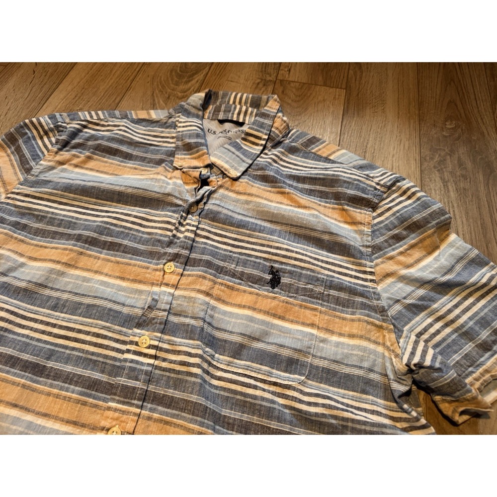 US Polo Assn Mens XL Short Sleeve Striped‎ Button Down Shirt Blue Tan White
